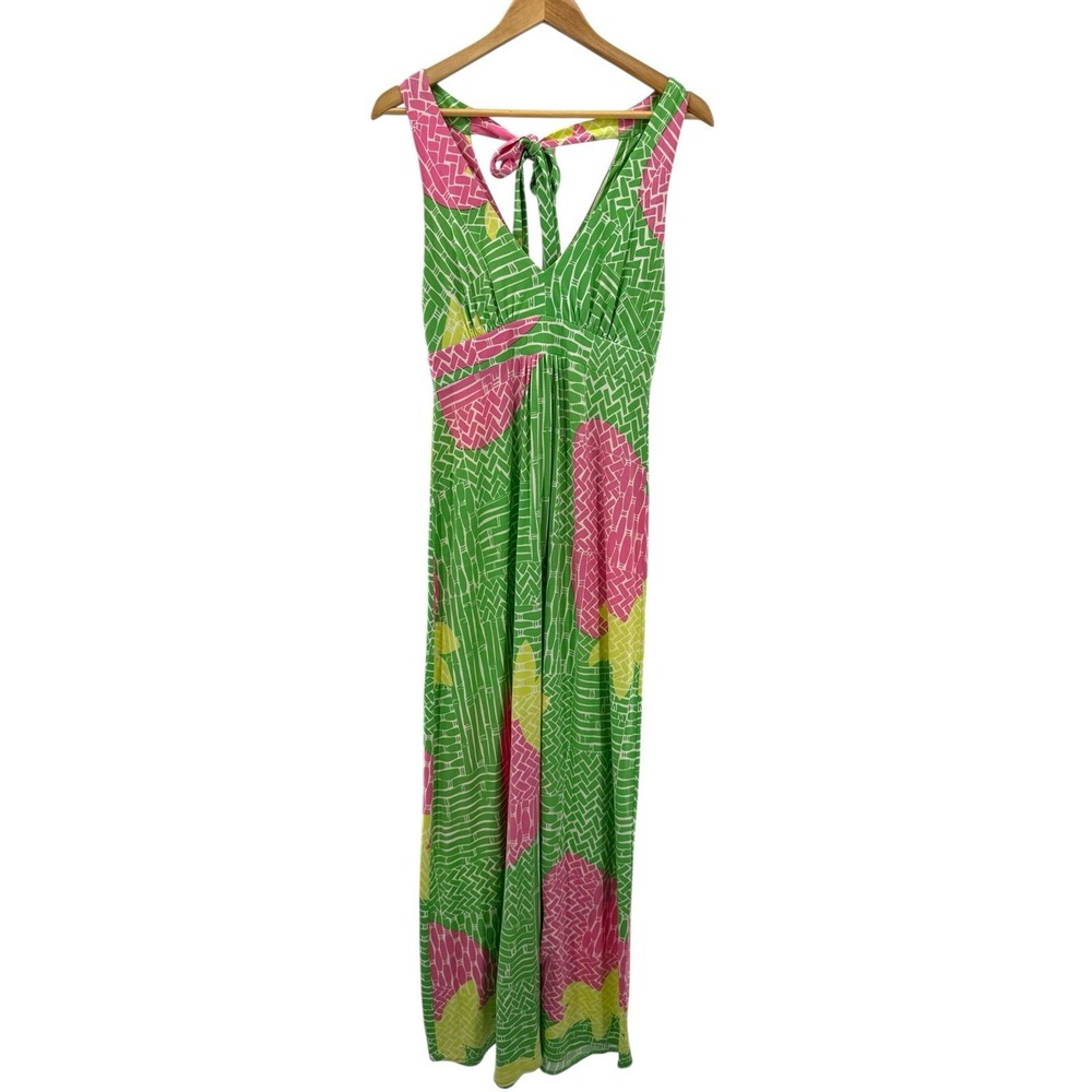 Lilly Pulitzer XS Silk Maxi Dress Green Pink Floral Boho Resort‎ Tie-Back V-Neck